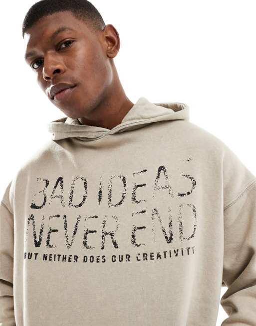 Pull&Bear – Kapuzenpullover in Beige mit „Bad Ideas“-Print 