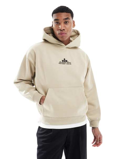 Pull&Bear – Kapuzenpullover in Beige mit „Montreux“-Rückenprint - view 1