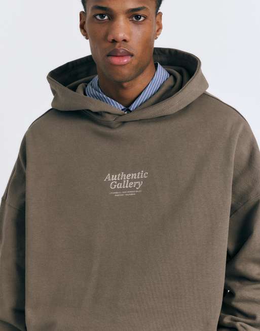 Pull&Bear – Kapuzenpullover in Braun mit „Authentic Gallery“-Print, 3 von 4