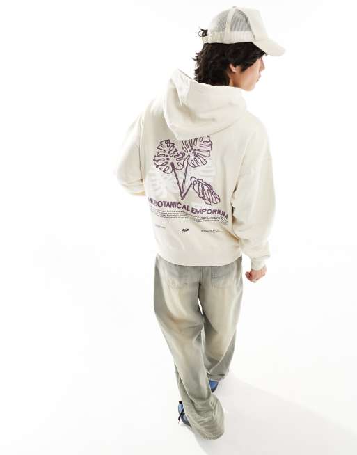 Pull&Bear – Kapuzenpullover in Ecru mit Blumenmotiv