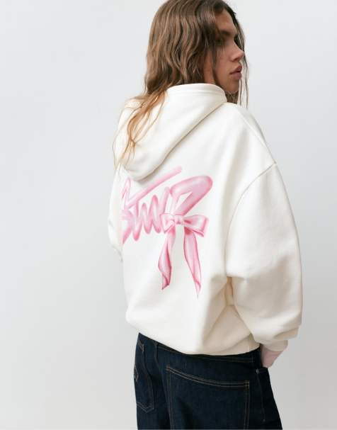 Pull&Bear – Kapuzenpullover in Eisweiß mit Schleifen-Grafik - view 1
