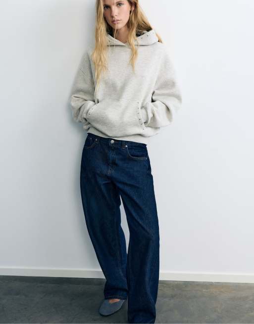 Pull&Bear – Kapuzenpullover in Grau meliert mit Nietenbesatz, 4 von 7