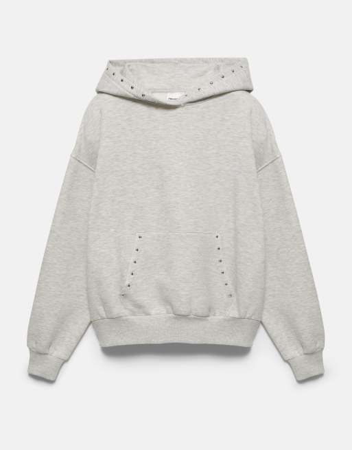 Pull&Bear – Kapuzenpullover in Grau meliert mit Nietenbesatz, 5 von 7