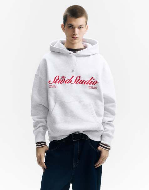Pull&Bear – Kapuzenpullover in Grau meliert mit „STWD Studio“-Print - view 1