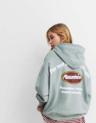 Pull & Bear - Kapuzenpullover in Grünblau mit „Dramatic"-Print