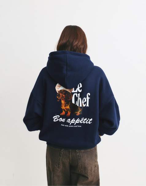 Pull&Bear – Kapuzenpullover in Marineblau mit „Chef Dog“-Print - view 1