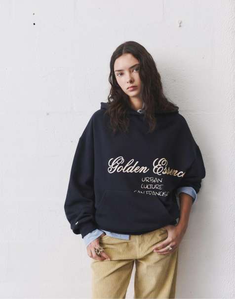 Pull&Bear – Kapuzenpullover in Marineblau mit „Golden Essence“-Print - view 1