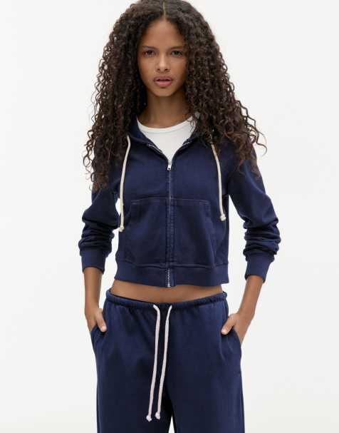 Pull&Bear – Kapuzenpullover in Marineblau mit kontrastierendem Kordelzug - view 1
