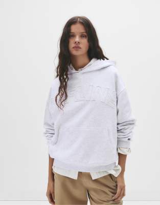 Pull & Bear - Kapuzenpullover in meliertem Grau mit „Offline"-Schriftzug