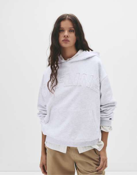 Pull&Bear – Kapuzenpullover in meliertem Grau mit „Offline“-Schriftzug - view 1