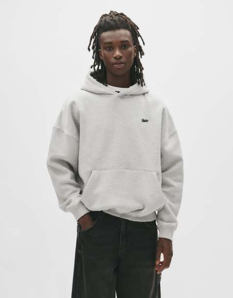 Pull&Bear – Kapuzenpullover in meliertem Grau mit STWD-Logo-Stickerei - view 1