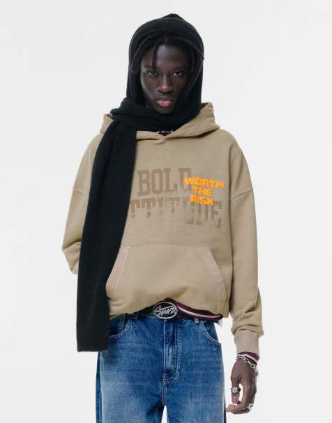 Pull&Bear – Kapuzenpullover in Sand mit „Bold Attitude“-Print - view 1