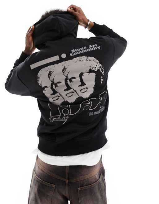 Pull&Bear – Kapuzenpullover in Schwarz mit „Stone Art Community“-Grafikprint 