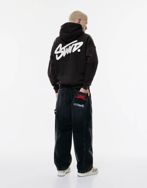 Pull&Bear – Kapuzenpullover in Schwarz mit Stwd-Logo-Stickerei - view 1