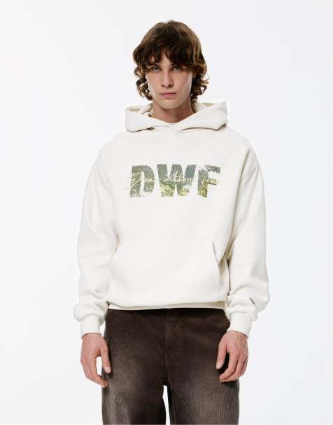 Pull&Bear – Kapuzenpullover in Wollweiß mit „DWF“-Grafik - view 1