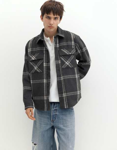 Pull&Bear karierte Overshirt mit langen Ärmeln in Schwarz - view 1