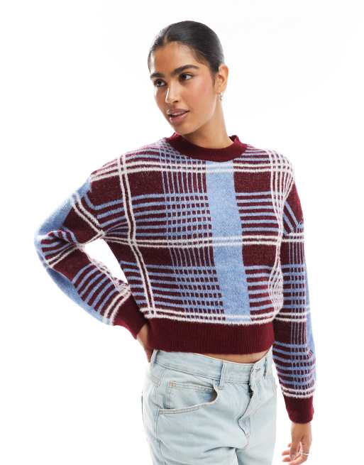 Pull&Bear – Karierter Strickpullover in Blau und Burgunderrot