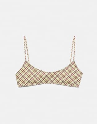 Pull & Bear - Kariertes Bikinioberteil in Grün