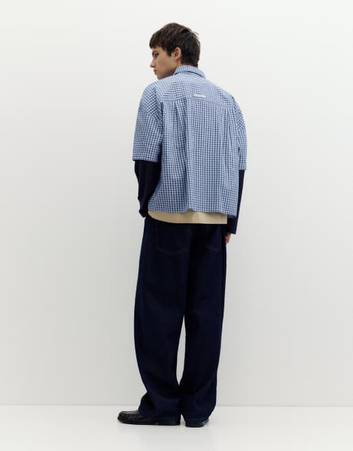 Pull&Bear kariertes Hemd mit doppelten Ärmeln in Blau, 2 von 7