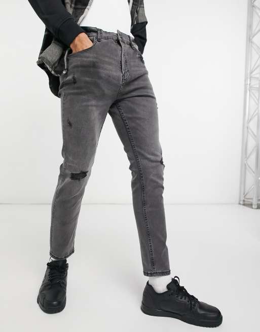 Pull&Bear – Karottenjeans in verwaschenem Grau mit Rissen