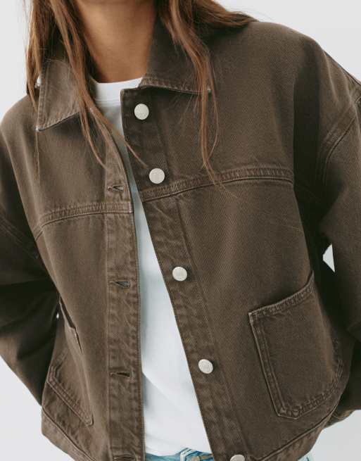 Pull&Bear kastige Denim-Hemdjacke in Braun, 3 von 7