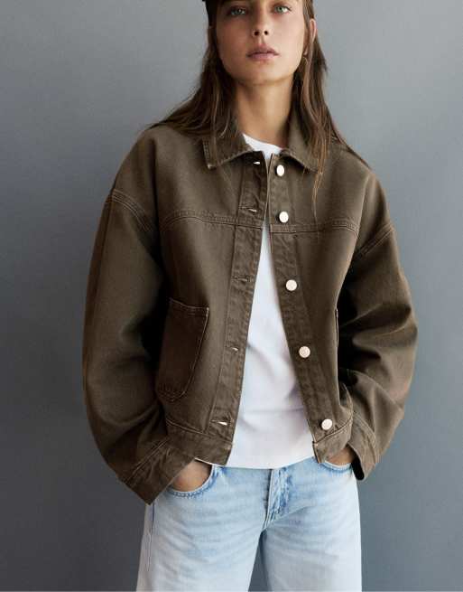 Pull&Bear kastige Denim-Hemdjacke in Braun, 4 von 7