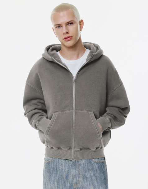 Pull&Bear – Kastige Kapuzenjacke in Grau mit Reißverschluss - view 1