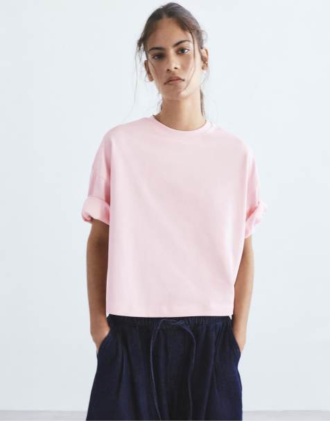 Pull&Bear – Kastiges, kurzärmliges T-Shirt in Blassrosa - view 1