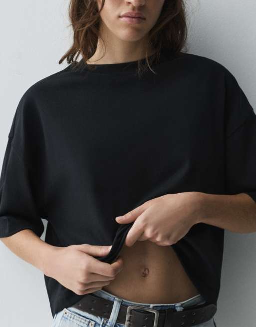 Pull&Bear – Kastiges, kurzärmliges T-Shirt in Schwarz, 3 von 7