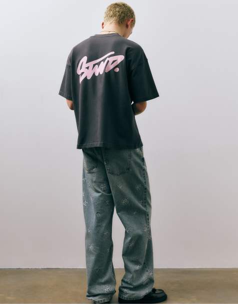 Pull&Bear – Kastiges Oversize-T-Shirt in Grau mit „STWD“-Logo - view 1