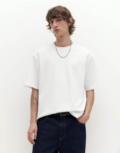Pull&Bear – Kastiges T-Shirt aus Interlock-Stoff in Weiß - view 1