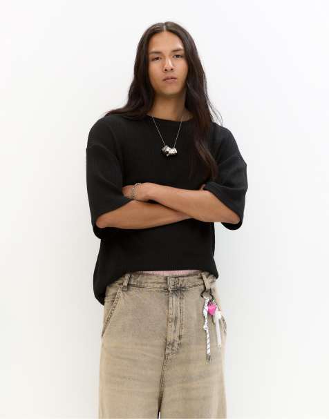 Pull&Bear – Kastiges T-Shirt aus Strick in Schwarz - view 1