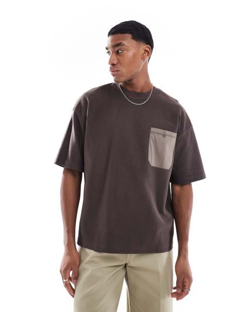 Pull&Bear – Kastiges T-Shirt in Braun mit farblich abgesetzter Brusttasche - view 1