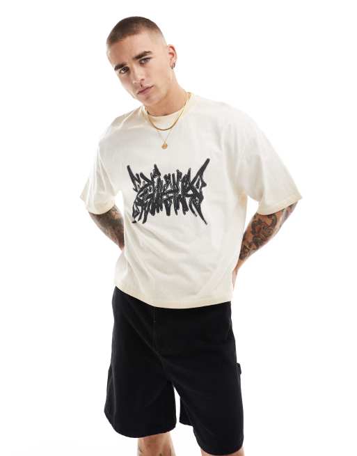 Pull&Bear – Kastiges T-Shirt in Ecru mit Grafikprint