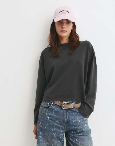 Pull&Bear – Kastiges T-Shirt in grau gestreift - view 1