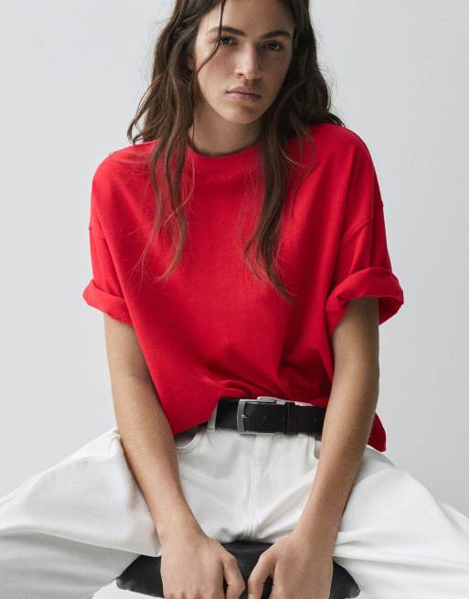 Pull&Bear – Kastiges T-Shirt in Rot, 7 von 7