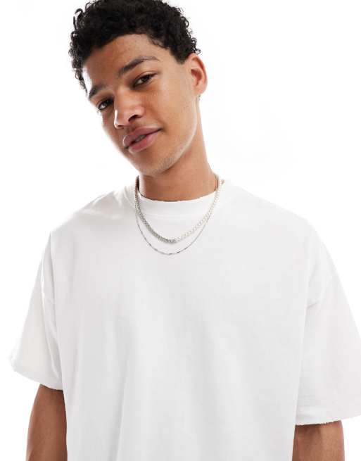 Pull&Bear – Kastiges T-Shirt in Weiß mit unversäubertem Rand