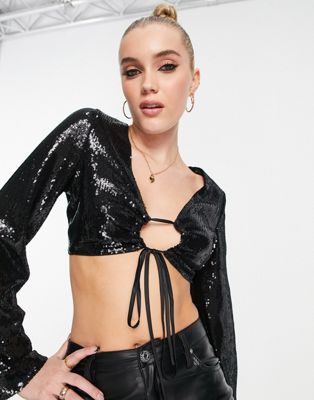 Pull&Bear keyhole front super cropped sequin top in black