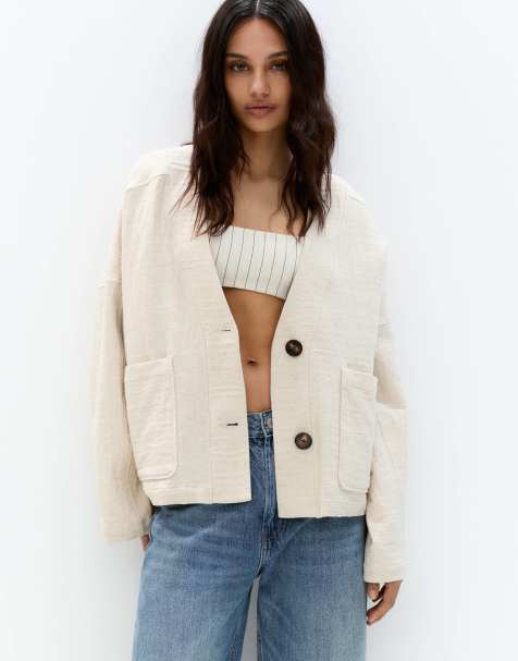 Pull&Bear – Kimono-Jacke in ecru Leinenoptik - view 1