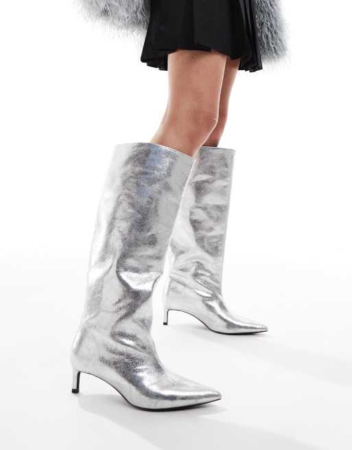 Pull&Bear kitten heel knee high boots in silver
