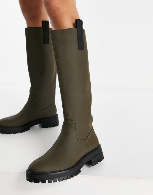 Pull&Bear knee high boot in khaki | ASOS