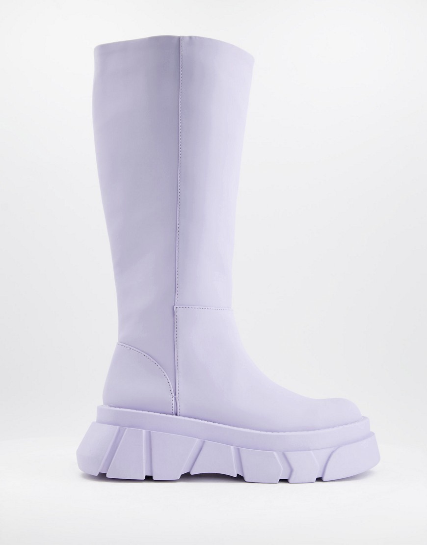 Pull & Bear knee high chunky wellie boots in lilac-Purple