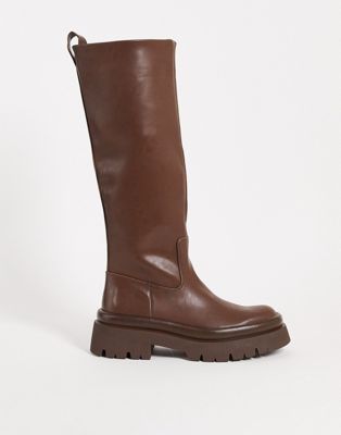 Pull&Bear knee high flat boot in brown