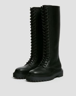 Pull&Bear knee high lace up flat boots in black
