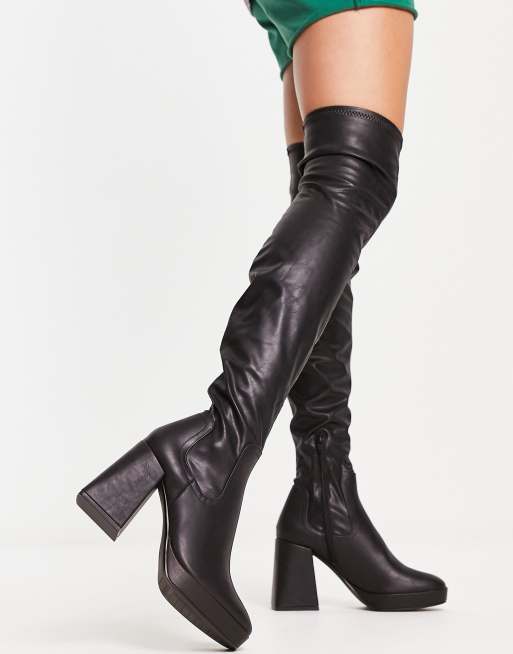 Pull&Bear knee high platform heel boot in black | ASOS