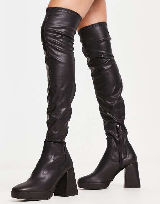 Pull&Bear knee high platform heel boot in black | ASOS