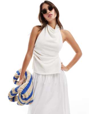 Pull&Bear Pull&Bear knit cowl neck tie back top co-ord in ecru-White