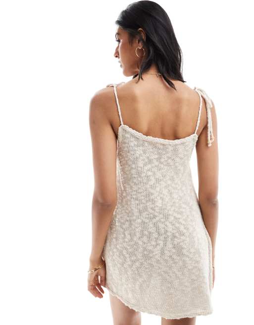 Pull&Bear knit crochet strappy mini dress in ecru | ASOS