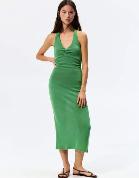 Pull&Bear knit halter neck midi dress in medium green - view 1