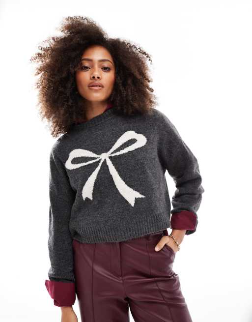 Pull Bear knit jumper with bow print in dark grey